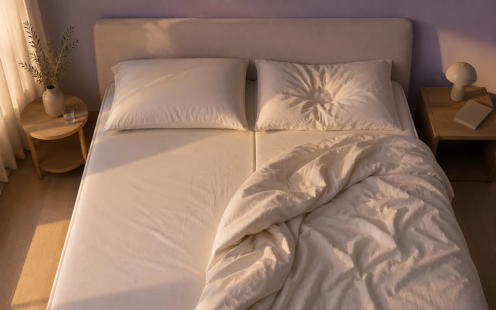 A shared bed at dusk